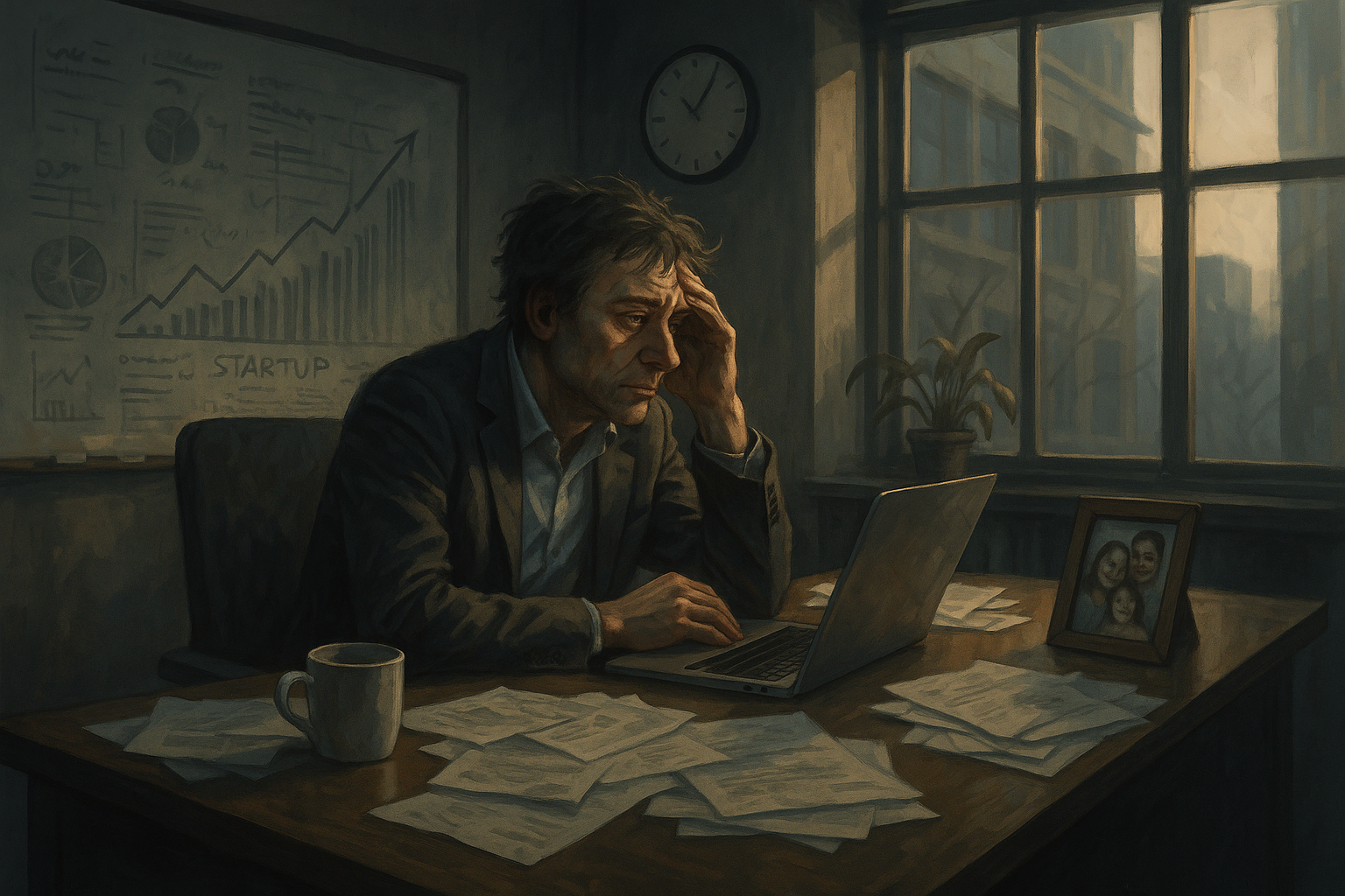 A weary entrepreneur sitting late in their office
