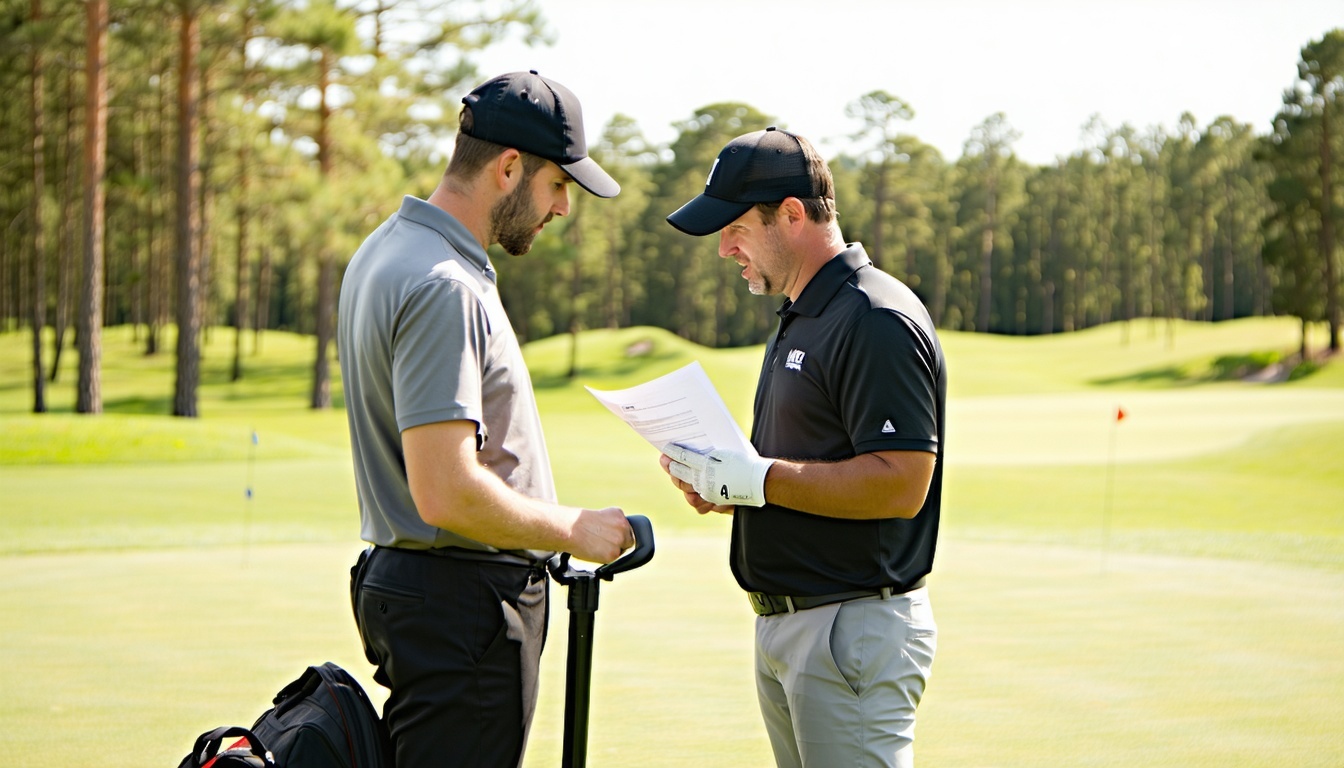 Two men playing golf on a turf field